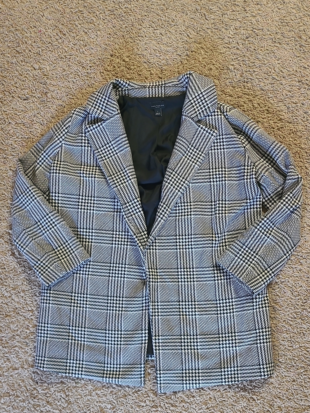 Ann Taylor Blazer Coat Houndstooth Plaid Mid-Length Lined Open Front Jacket S Sm
